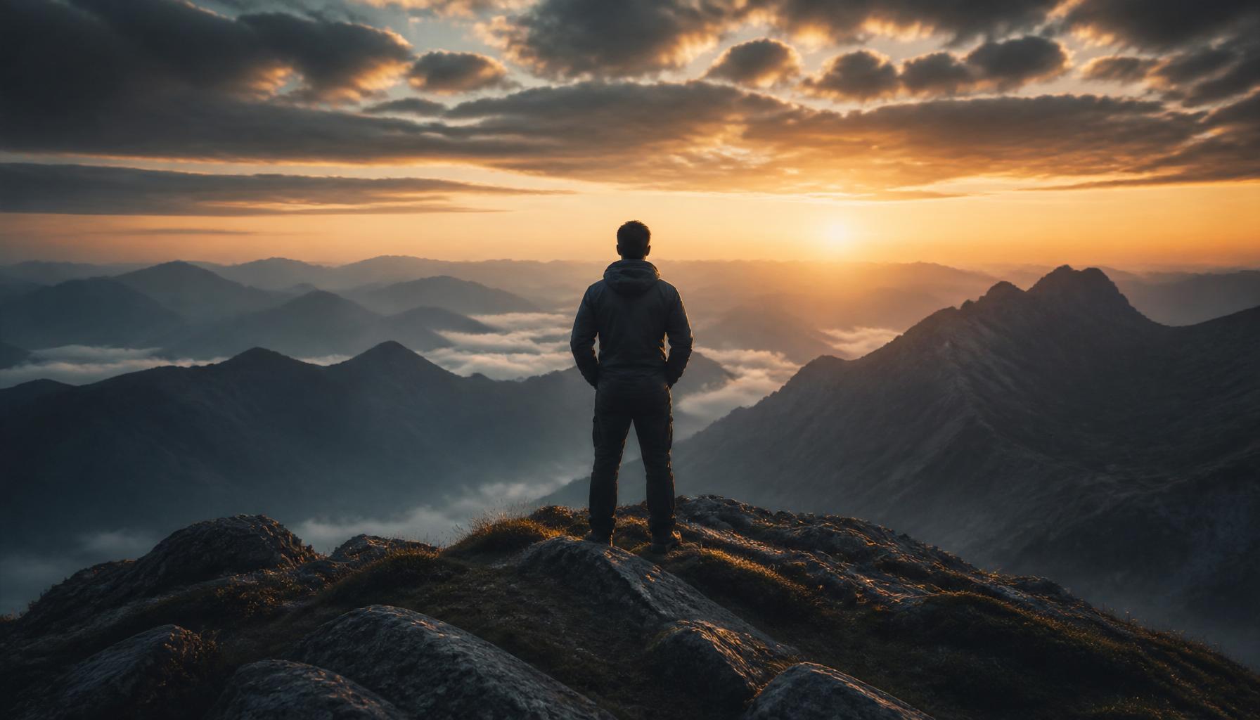 Man standing on a mountain ridge at dawn